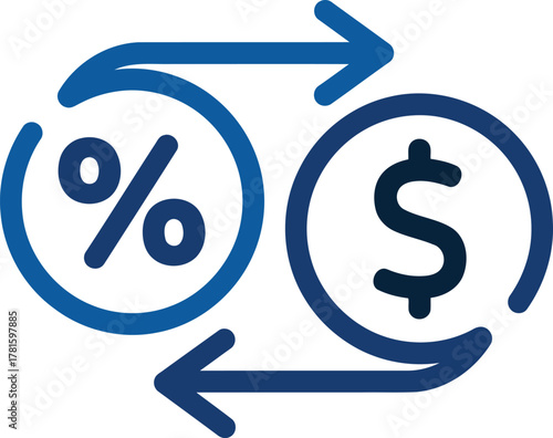 Money exchange icon with percentage and dollar signs and arrows