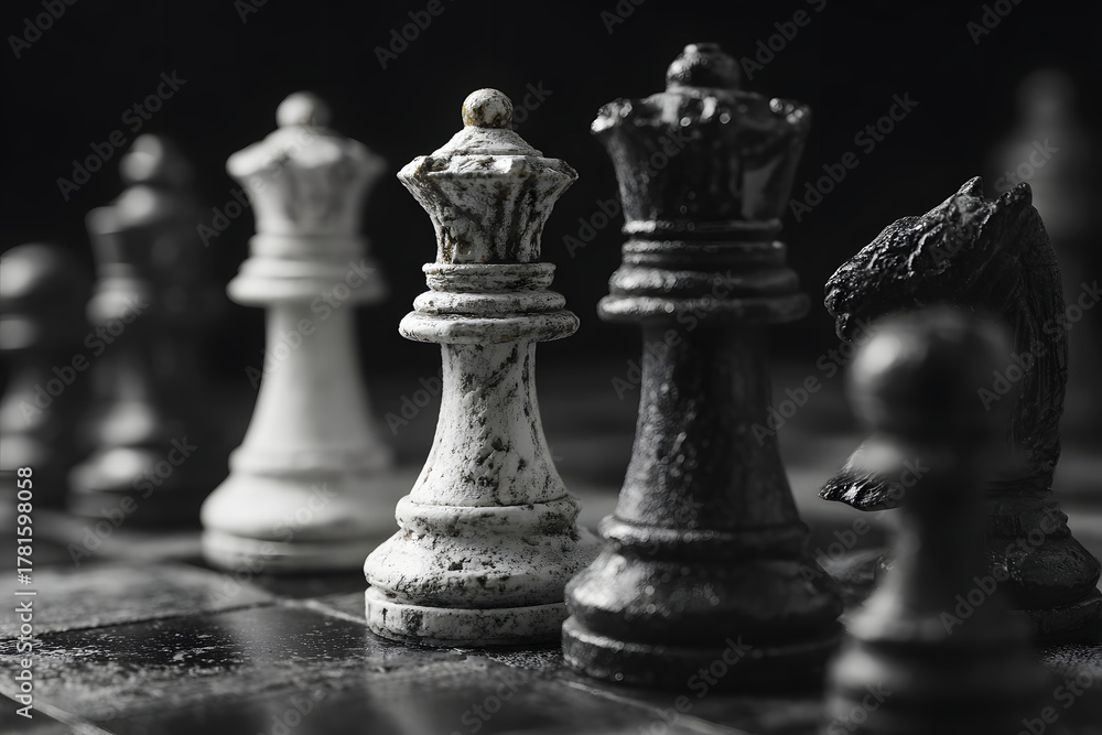 Fototapeta premium White and black pieces on chess board