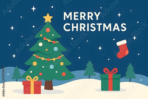 Minimalist Merry Christmas Banner with Tree, Gifts, and Snow Night