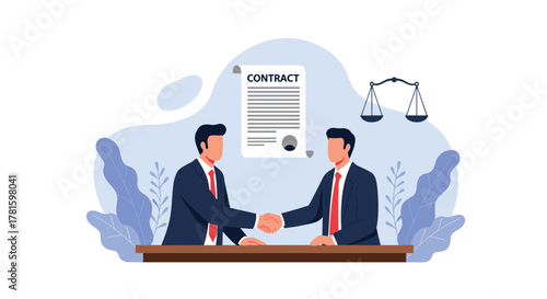 Two businessmen in suits shake hands over a table after agreeing on a contract, symbolizing a successful business partnership and legal agreement.