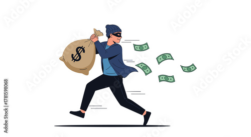 A masked thief is running away quickly with a bag of money, scattering dollar bills behind them, illustrating a financial crime or robbery.