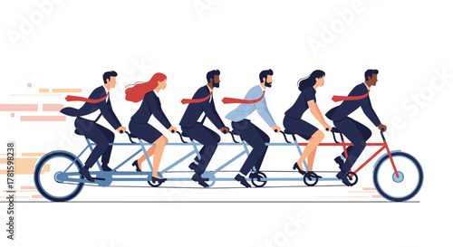 A diverse team of business professionals collaboratively rides a tandem bicycle, symbolizing teamwork, shared goals, and efficient progress in the corporate world.