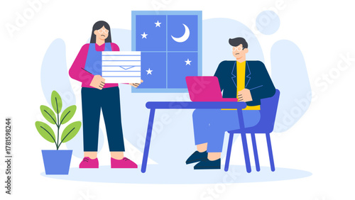 Business People Working Overtime at Office Flat Vector Illustration