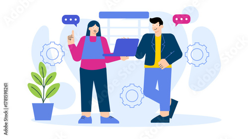 Coworkers Collaborating on Laptop Project Flat Vector Illustration