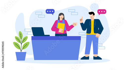 Flat Design Office Reception and Front Flat Vector Illustration