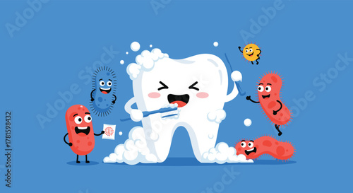 A cheerful cartoon tooth enthusiastically brushes itself clean amidst soap bubbles, as various animated bacteria react to the effective dental hygiene.