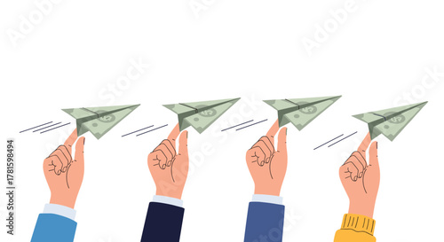 Four hands are shown launching paper airplanes made of dollar bills, symbolizing financial concepts like investment, sending money, or economic growth.