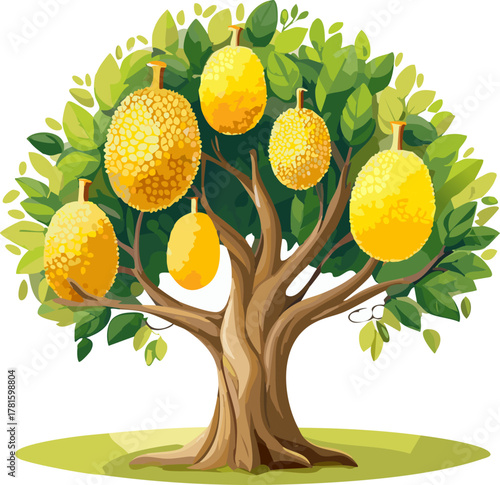 Educational Poster Element: Displaying the Tree and the Cross-Section of the Fruit, Used for Classroom Materials to Illustrate Plant Structure and Culinary Preparation of Jackfruit.