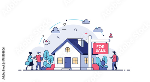 An illustration depicting a real estate transaction with a house for sale, a real estate agent, and potential buyers discussing the property.