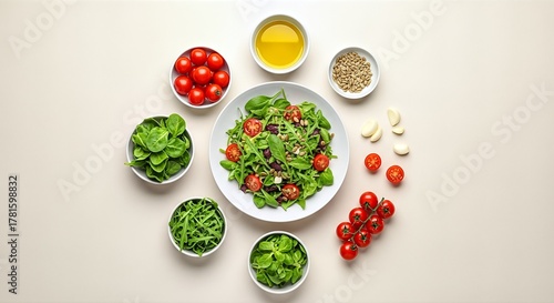 Fresh Arugula Salad with Cherry Tomatoes and Dressing Ingredients.