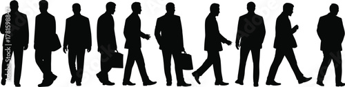 Silhouettes of businessmen walking with briefcases, office professionals in motion, teamwork, corporate lifestyle, success concept, reflection vector illustration