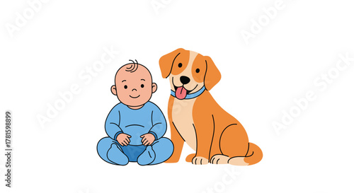 A cheerful baby in a blue outfit sits happily next to a friendly brown and white dog with a blue collar, illustrating a sweet companionship.