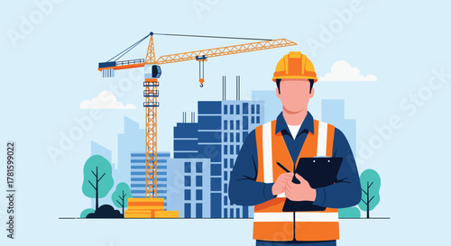 A construction engineer in a hard hat and safety vest holds a clipboard on a busy building site with cranes and new developments.