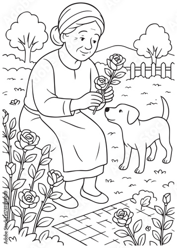 coloring book woman picking roses with dog in garden