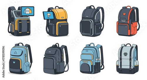 A diverse collection of illustrated backpacks in various designs and colors, some featuring smart tech elements, suitable for travel or school.