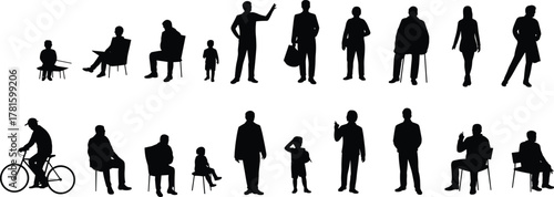 Silhouettes of people in daily life activities, walking, sitting, children, family, urban lifestyle, casual poses, vector illustration