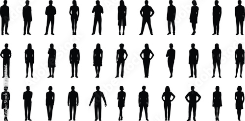 Silhouettes of diverse people standing in various poses, business and casual attire, teamwork, diversity, crowd, social concept, isolated background