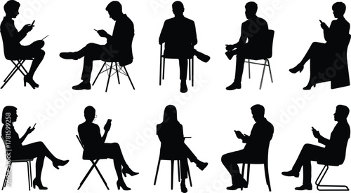 Silhouettes of people sitting and using smartphones, business communication, technology addiction, digital lifestyle, mobile device use illustration