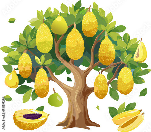 Sustainable Agriculture Graphic: Digital Drawing of an Abundant Tropical Fruit Tree, Emphasizing Food Security, Plant Diversity, and Responsible Farming Practices for a Global Audience.