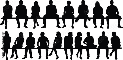 Silhouettes of people sitting on a bench, communication and teamwork concept, diverse group discussion, community connection and collaboration illustration