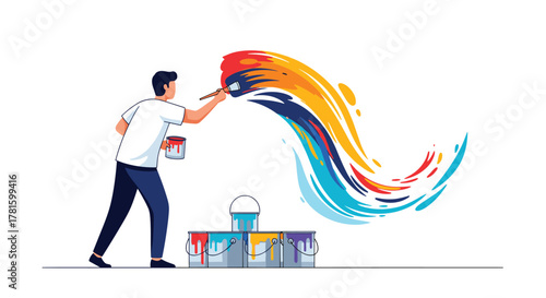 A man paints an abstract, flowing splash of vibrant colors on a wall, symbolizing creativity, renovation, and artistic expression.