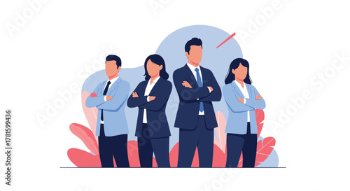 Professional business team of four diverse individuals standing with crossed arms against an abstract background, symbolizing confidence and teamwork.
