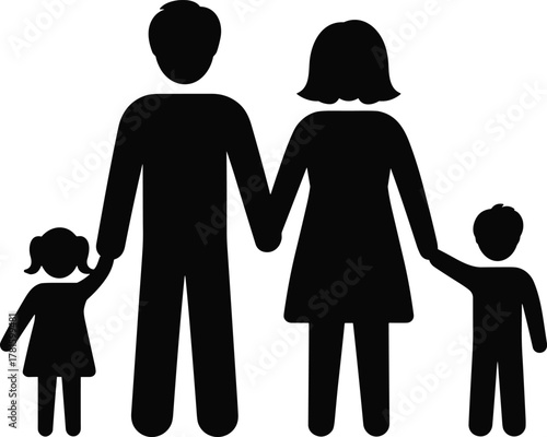 Simple black and white family silhouette illustration of parents holding hands with two children, minimal flat vector design