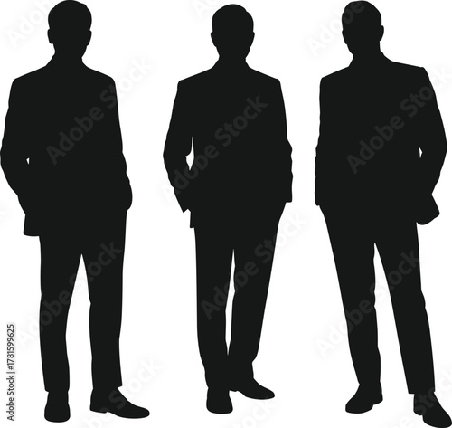 Three business men silhouettes standing confidently, leadership and teamwork concept, corporate professionals, success, management and business people illustration on white background