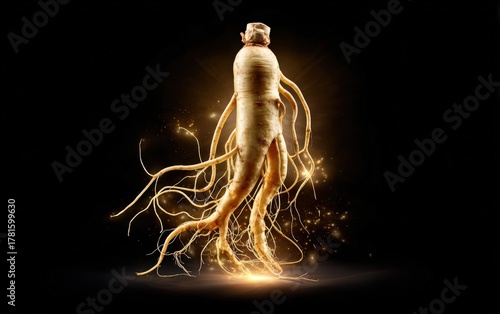 Dramatic Studio Shot of a Whole Premium Ginseng Root with Glowing Accents on Black Background Showing Depth and Texture