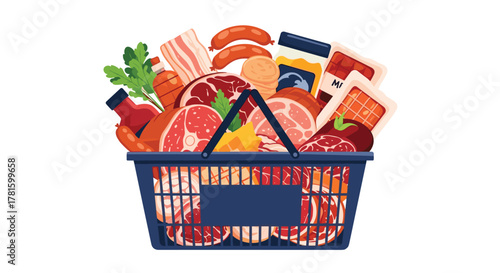 A shopping basket overflowing with a diverse selection of fresh and packaged meat products, including beef, pork, poultry, and sausages.