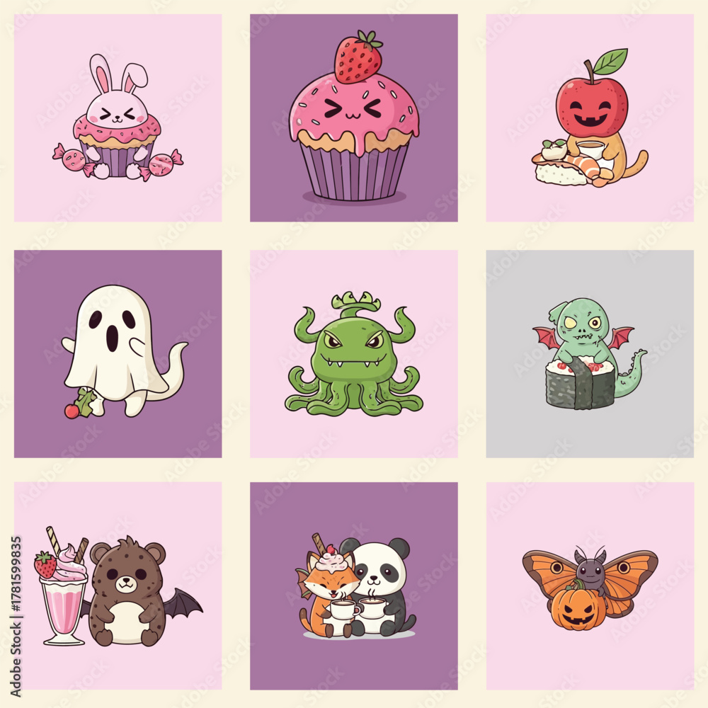 Obraz premium Collection of Adorable Cartoon Characters and Sweet Treats.