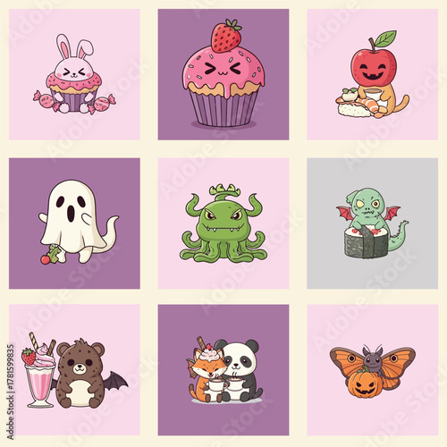 Collection of Adorable Cartoon Characters and Sweet Treats.