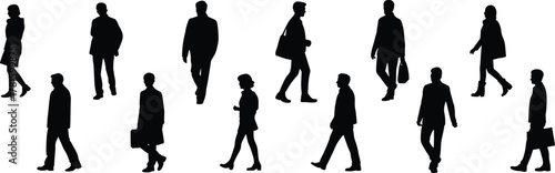 Walking people silhouettes, business crowd, city commuters, urban lifestyle, daily routine, teamwork concept, office workers, professional movement, corporate illustration, modern life