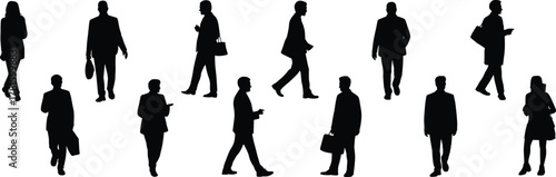 Walking people silhouettes, business crowd, city commuters, urban lifestyle, daily routine, teamwork concept, office workers, professional movement, corporate illustration, modern life