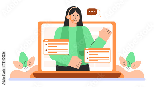 Coworkers Collaborating on Laptop Project Flat Vector Illustration