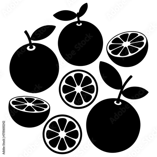 Black silhouette of oranges with leaves
