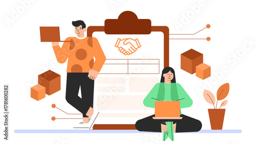 Smart Contract and Digital Business Agreement Flat Vector Illustration
