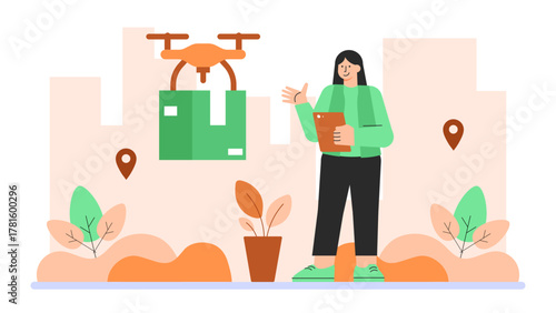 Flat Design Drone Delivery for E-Commerce Flat Vector Illustration