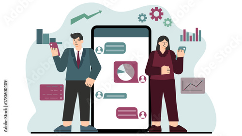 Business People Chatting Through Messaging App Flat Vector Illustration