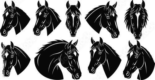 Horse head silhouette set, stylized equine faces, mane variations, black icons, artistic animal portraits, flat vector illustration, design asset