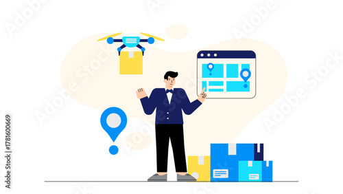 Flat Design Drone Delivery for E-Commerce Flat Vector Illustration