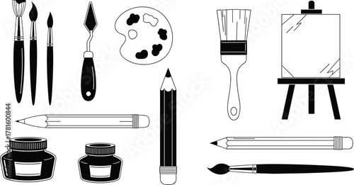 Art tool icon set, paintbrush, palette, pencil, easel, ink bottle, drawing supplies, black shapes, flat vector illustration