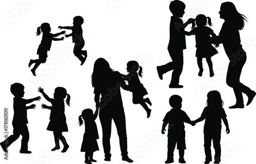 Family silhouette set, parent child interaction, playful moments, bonding poses, black icons, love care connection, flat vector illustration