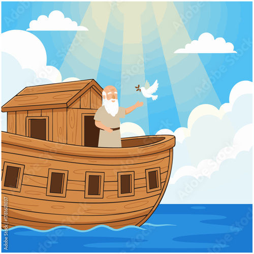 Noah Sending Out the Dove

Whimsical flat vector of Noah on the ark releasing a dove into the bright sky, bible story