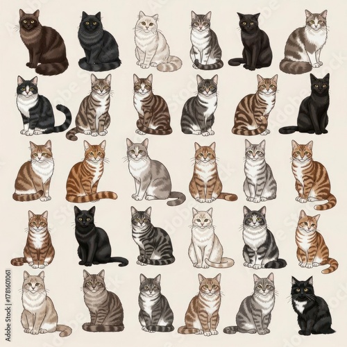 Diverse Cat Breeds - A Colorful and Whimsical Illustration.