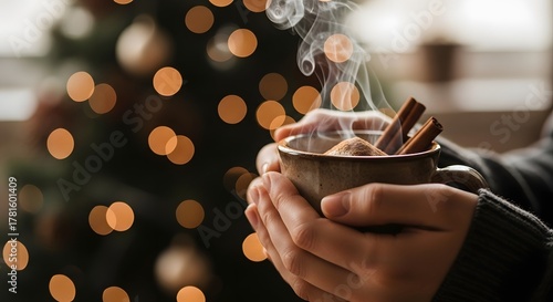 Cozy Winter Warmth Hands Cupping Steaming Hot Chocolate with Cinnamon Sticks Amidst Festive Bokeh Lights.