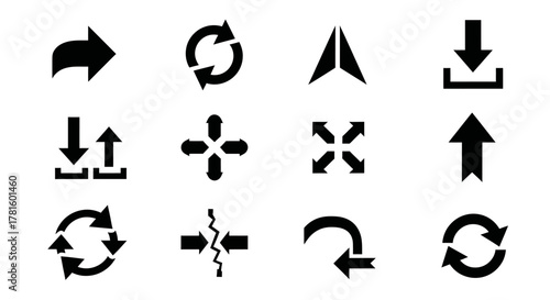 Arrow icon set, direction, download, upload, refresh, rotate, and more isolated on white background
