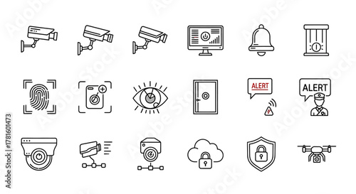 Security system icons set, surveillance camera, fingerprint scanner, drone, and more isolated on white background