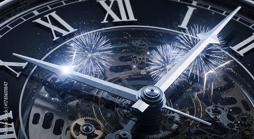 Midnight Countdown Ornate Clock with Sparkling Fireworks and Visible Gears.