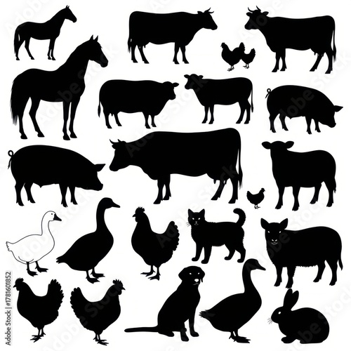 Farm Animal Silhouettes - A Diverse Collection of Livestock and Poultry.